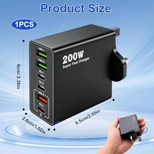 200W USB C Charging Station 6 Port Fast Charger Hub with PD GaN III — view 2