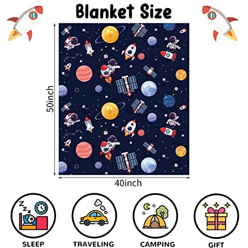 Space Theme Throw Blanket for Boys, Cozy Outer Space Rocket Planet Fluffy Flannel Blanket Gift for Kids, 100 x 130 cm Soft Warm Navy Blue Astronaut Galaxy Planet Blanket for Toddler Sofa Bed Couch — view 2