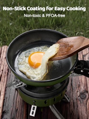 Odoland 5pcs Camping Cookware Mess Kit, Non-Stick Lightweight Pot Pan Kettle Set with a removable handle - Perfect for Backpacking, Camping, Hiking, and Picnic Green — view 2
