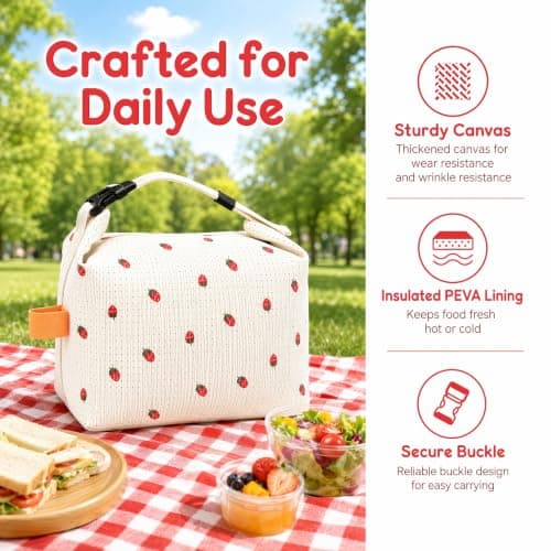 Qixkuric Lunch Bag, Corduroy Lunch Bag Waterproof Lunchbag Proof Corduroy Tote Bags Capacity Cooler Bags for Work School Picnic Travel 24 × 12 × 22cm (White Strawberries) — view 6