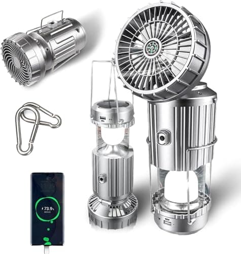 Solar Camping Lantern with Fan, Upgraded Rechargeable 3-in-1 Solar Light, Collapsible LED Camping Lanterns Light Weigh: Fan, Light & Power Bank for Outdoor Adventures (Silver,11 inches)