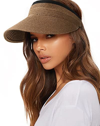 Women's Wide Brim Straw Sun Visor, UV Protection Packable Ponytail Beach Hat, Summer Outdoor Travel Visor Brown