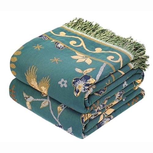 VANJOROY 100% Organic Cotton Fall Boho Throw Blanket for Sofa and Bed,Green