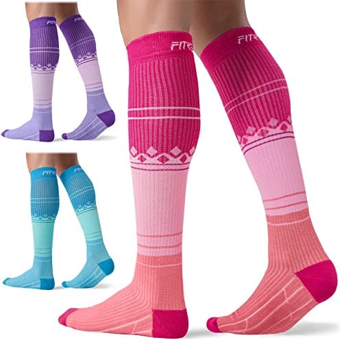 FITRELL 3 Pairs Compression Socks for Women and Men 20-30 mmHg Travel Flight Socks Medical Knee High Socks for Sport, Flying, Carers, Nurse, Pregnant Women, Varicose Veins, Pink+Purple+Blue, S/M
