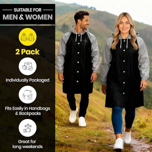 REDSTAR 2 Pack of Rain Ponchos - Long Rain Poncho Waterproof Adult Raincoats with Hood - Reusable Rain Coats for Women or Rain Coats for Men -Packable Rain Jacket for Festival Accessories (Black/Grey) — view 4