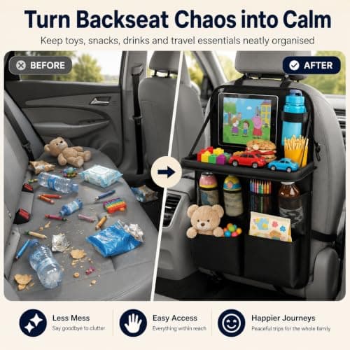 Purecas 2Pack Car Seat Organiser with Fold Down Tray&Tablet Holder (Black) — view 4