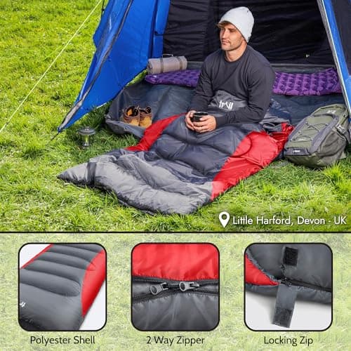 Trail Alpine 250 XL Sleeping Bag with Hood (L230cm x W100cm), Large Extra Wide Envelope Sleeping Bag, 2 to 3 Season Camping, Lightweight, Water Resistant, Soft Polycotton Liner, Compression Bag (Red) — view 5
