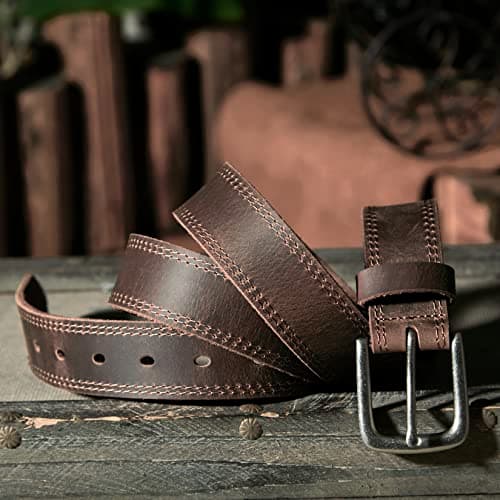 Vatan Men's Genuine Leather Casual Every Day Jeans Belts, Handmade Men Leather Belt with Gift Box (B-Bourbon Brown (Double Stitch), 34(Fits Waist 32"-33")) — view 3