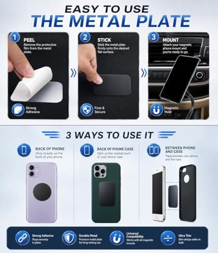 Qinoc Metal Plates for Mobile Magnetic Mount - Universal Replacement Plate Metal Disc with Strong Adhesive for Car Mounts, Magnetic Phone Holder - 2 Rectangle and 2 Round (All Black) — view 3