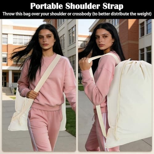 Canvas Laundry Bag with shoulder Strap 23"W x 29"H, Large Drawstring Dirty Clothes Bag Washable Laundry Sack for College Dorm, Travel, Home, Camp (Beige) — view 5