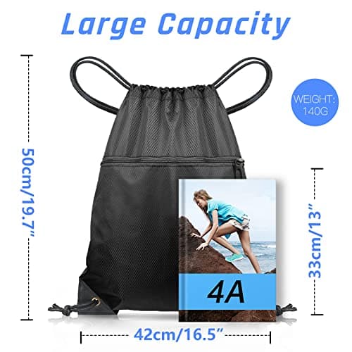 CHEPULA Drawstring Bags, Large Black Sports Backpack String Swim Drawstring Gym PE Bags for Women Men, Travel Beach Bag with Waterproof — view 2