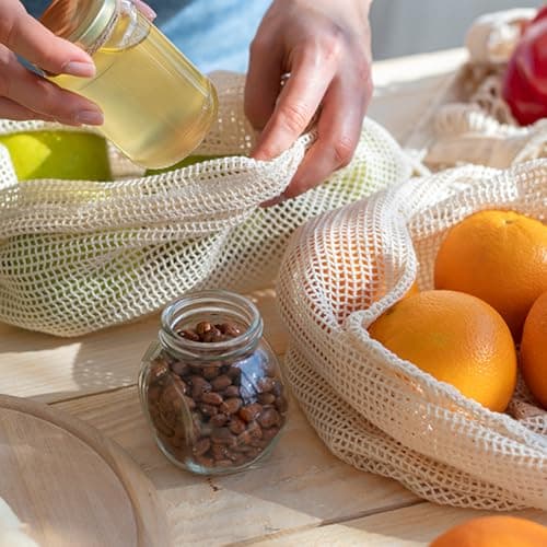 ZEYIYER 3 Pack Vegetable Bags Cotton Drawstring Bag, 35 x 28 cm Big Mesh Produce Bags for Vegetables Fruit, Reusable Produce Bags Washable Net Bags — view 5