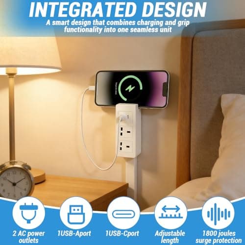 Gobesty Expandable Rotary Socket, Extension Socket Features USB-A USB-C & 2 AC Outlets, Outlet Extender UK, Extends 17"-27" Rotates 180° Plug Extension Plug, Hard-to-Reach Outlets in Narrow Places — view 4