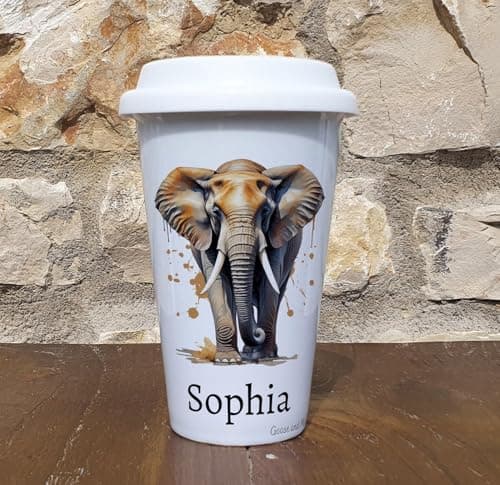 Personalised Elephant Travel Mug, Gift for Safari Lover, Thank you present for Zoo Animal Lover, Hot Drinks Flask, Insulated Coffee Cup — view 6