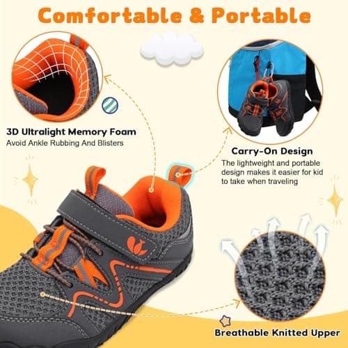 JIASUQI Kids Shoes Boys Girls Barefoot Walking Shoes Kids Breathable Hiking Shoe Lightweight Outdoor Tennis Shoe(Grey Orange,Big Kid Size 3) — view 6