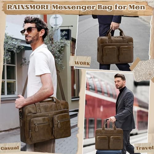 RAINSMORE Messenger Bags for Men Vintage Briefcase PU Leather Laptop Bag 15.6 Inch Satchel Bag for Work Business Office College Trip School Black/Brown/Dark Brown Brown — view 2
