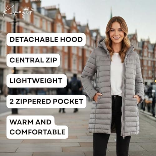 kraftd Womens Winter Lightweight Puffer Jacket Quilted Padded Down Coat With Detachable Hood Central Zip Best for Autumn Winter, Outdoors & Travelling (Grey, 16) — view 6