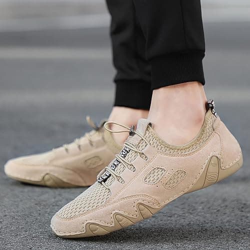 Casual Breathable Mesh Leather Sneakers for Men Walking Running Comfortable Slip On Shoes Spring Summer Autumn Daily Travel Beach, khaki, 7 UK — view 3