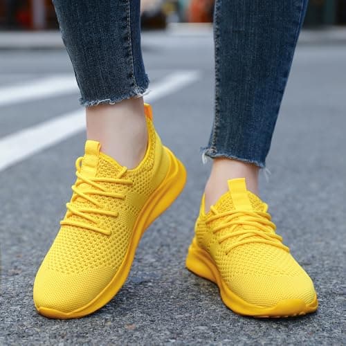 DLWKIPV Men's Trainers Lightweight Breathable Slip-On Sneakers with Anti-Slip Sole and Cushioned Casual Outdoor Sports Fashion Jogging Shoes for Running Walking Tennis Yellow UK Size 8 — view 3