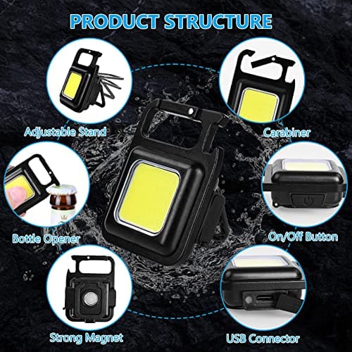 URAQT LED Keychain Flashlight, 1000 Lumens COB Rechargeable Keychain Mini Handheld Torch, 4 Light Modes Portable Pocket Light with Folding Bracket Bottle Opener Magnet Base for Outdoor Daily Use — view 4