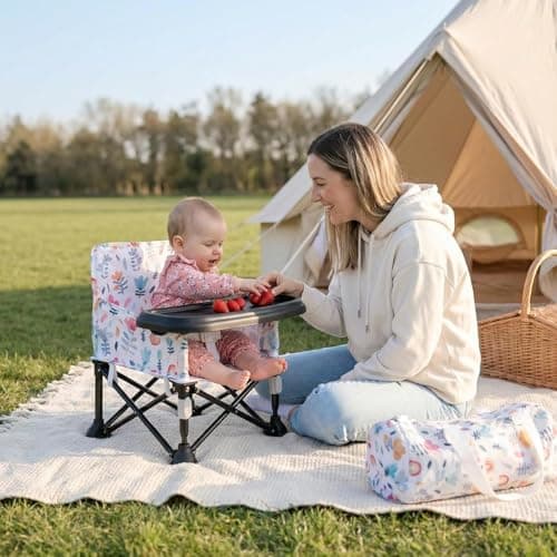LADIDA Foldable Baby Travel Seat Booster Toddlers Dining Seat Removable Tray with Travel Bag Portable Folding Booster Feeding Chair for Children Toddlers Infants (Pink Flowers) 305 — view 5
