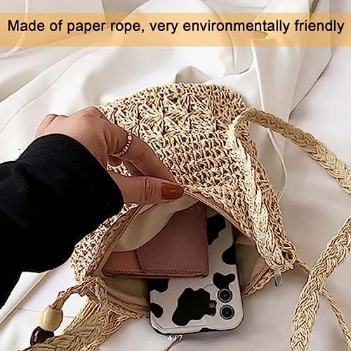 MUNSKT Straw Bag for Women with Tassel & Shell Keychain & Cherry Blossom Brooch, Weave Handmade Bohemian Crossbody Bag with Zipper for Summer Beach Travel — view 4
