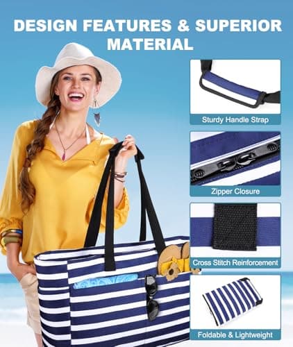 ISEYOU Extra Large Beach Bag, Waterproof Beach Bags with Zip, Lightweight Foldable Beach Tote Bags, Large Capacity Multi-Pocket Beach Bags for Women, Perfect for Pool Shopping Travel Vacation Gym — view 6