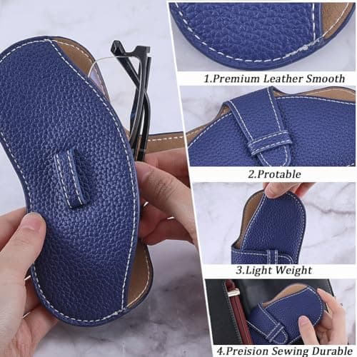 CREATCABIN Leather Sunglasses Case Portable Glasses Bag Slim Squeeze Lightweight Travel Eyeglasses Holder Pouch with Soft Cleaning Cloth Gift for Family Friends Holiday Vacation 6.9x3.4 Inch Blue — view 6