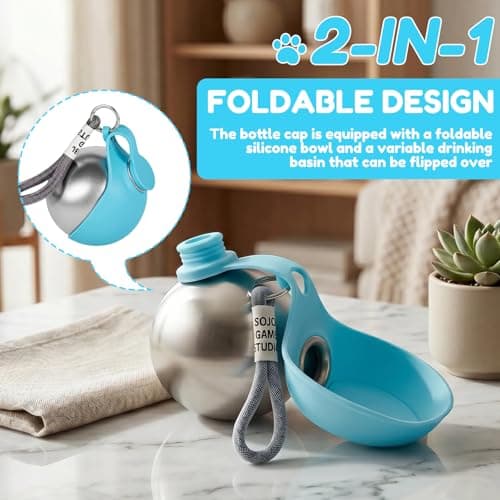 2 in 1 Portable Tumbler for Dogs, 285ml Stainless Steel Dog Water Bottle with Silicone Foldable Bowl and Attached Lanyard, Leak-Proof Pet Drink Dispenser for Walking, Park Visits, Hiking and Road Trip — view 3