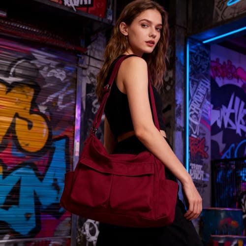 Canvas Messenger Bag Large Hobo Crossbody Bag with Multiple Pockets Casual Shoulder Tote Bag for Women and Men, D Red, L — view 2