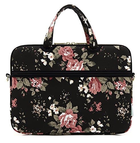 kayond Black Chinese Rose Patten Canvas Laptop Shoulder Messenger Bag Case Sleeve for 15-15.6Inch Laptop and Macbook Pro 15.4 (15-15.6 inch, Black Chinese Rose) — view 3