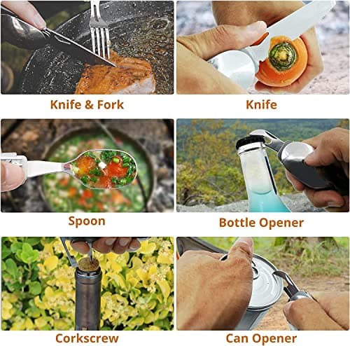 HONZIN Folding Camping Cutlery Set, 5 in 1 Multifunctional Portable Stainless Steel Cutlery, Outdoor Detachable Tableware Utensil for Travel, Hiking, Picnic, with Drawstring Pouch (2 Packs) — view 4