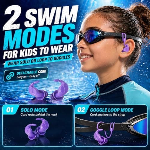 Kids Swim Ear Plugs - 4 Pairs Waterproof Silicone Earplugs for Children 5-14 Years with Detachable Cord, 2 Wearing Styles, Attaches to Goggles, Reusable Ear Protection for Pool, Swimming Lessons — view 2