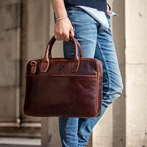 SID & VAIN Laptop Bag Boston Large Business Office Work Shoulder Bag Laptop case Real Leather 15.4 inch Laptop Portable Computer Briefcase Leather Bag Women and Men — view 2