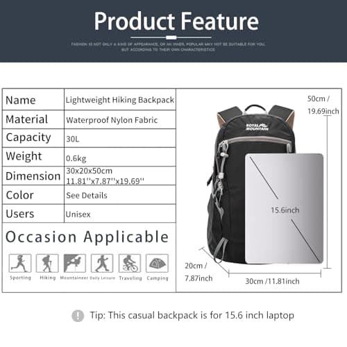 Lightweight Hiking Backpack, 30L Women/Men Waterproof Travel Rucksack Bag with Rain Cover, Outdoor Small Foldable Daypack for Student, Fit for 15.6 inch Laptop (Black, 30L) — view 2
