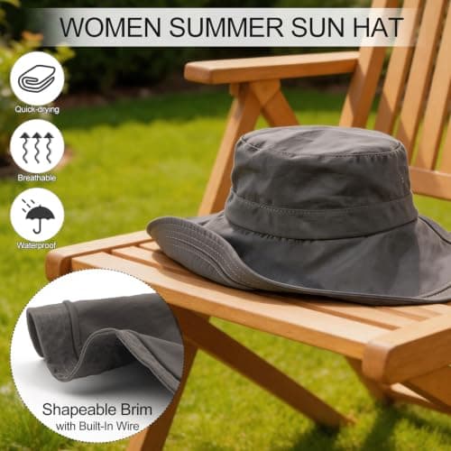 AYPOW Women Sun Hat UV Protection Wide Brim Bucket Hats, Quick-Drying Water-Resistant Fold Up Brim Summer Beach Cap, Foldable Adjustable Garden Caps for Outdoor Fishing Travel Hiking Dark Grey — view 3