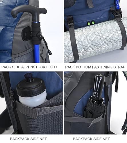 Bseash 50L Hiking Backpack, Water Resistant Lightweight Outdoor Sport Daypack Travel Bag for Camping Climbing Touring (Navy Blue - With Shoe Compartment) — view 3