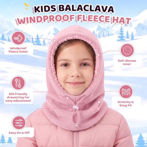 Beehow Kids Balaclava Winter Windproof Fleece Hat – Ski Mask for Boys Girls, Soft Sherpa Lined Stretch Fit for 6-12 Years (Light Pink) — view 3