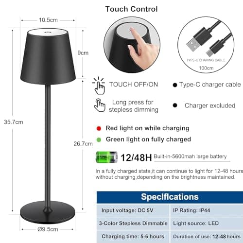 Pack of 2 Dimmable LED Battery Table Lamps, Touch Wireless Table Lamp — view 5