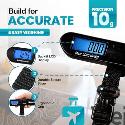 Digital Luggage Scale, Luggage Scales for Suitcases, Suitcase Scale with Backlit Display, Portable 50kg Travel Scale, Black — view 3