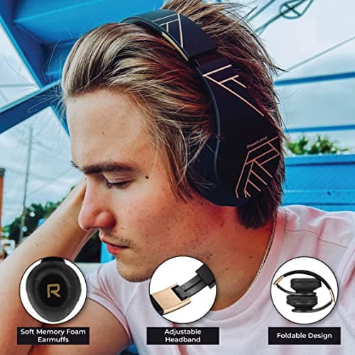 PowerLocus Bluetooth Headphones Over Ear, Wireless Headphones with Microphone, Foldable Headphone, Soft Memory Foam Earmuffs & Lightweight, Micro SD/TF, FM Radio for iPhone/Android/Tablet/PC/TV (Gold) — view 3