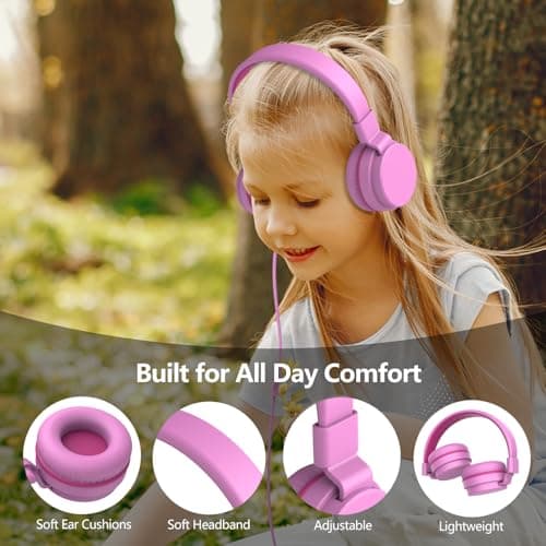 Kids Headphones Wired,On-Ear Wired Headphones for School,Safe Volume Limited 85/94dB,HD Mic Stereo Sound Girls Boys Wired Headphone for Kids,Foldable Headset for Travel Computer Plane Tablet (Pink) — view 6