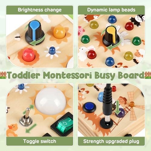 Joyreal Montessori Busy Board 2 Year Old, Fidget Board with 19 LED Lights, Wooden Sensory Toys for Toddlers, Activity Board Educational Toys Travel Toys for Boys Girls 2 3 Year Olds (Farm) — view 3