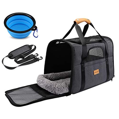Morpilot Cat Carrier - Airline Approved, Top Opening Portable Dog Bag with Breathable Mesh/Removable Mat, Adjustable Shoulder Strap & Bowl, Foldable Travel Cage, M, Graphite Gray (Max 7kg)