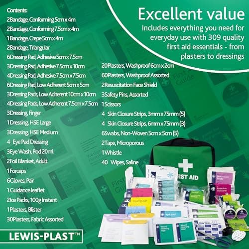 Lewis-Plast First Aid Kit Bag - 309 Piece Survival Kits - Safety Essentials for Travel Car Home Camping Work Hiking,Green — view 5