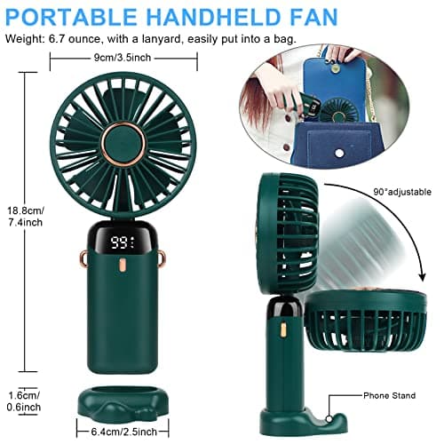 LYMYBETY Portable Handheld Fan, 4000mAh Mini USB Rechargeable Fan with Digital Display, Small Personal Pocket Fans with 5 Speeds, Hand Held Fans with Lanyard and Base for Home Travel (Green) — view 2