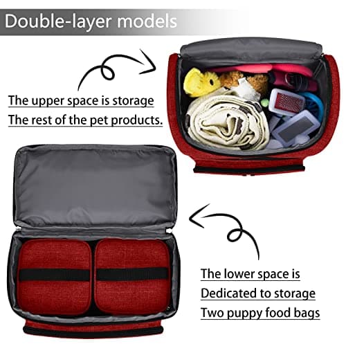 BAGLHER Dog Pet Travel Bag, Double-Layer Pet Supplies Backpack (for All Pet Travel Supplies), Pet Travel Backpack with 2 Silicone Collapsible Bowls, 2 Food Baskets, Pet Accessories Red — view 6