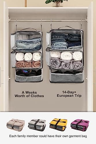 ELEZAY Hanging Packing Cubes Portable Closet 3-Shelf Travel Collapsible Compression Garment Organiser for Carry-on Luggage Suitcase Space Saver Bag X-Large_No Side Pockets, Lightgrey — view 6