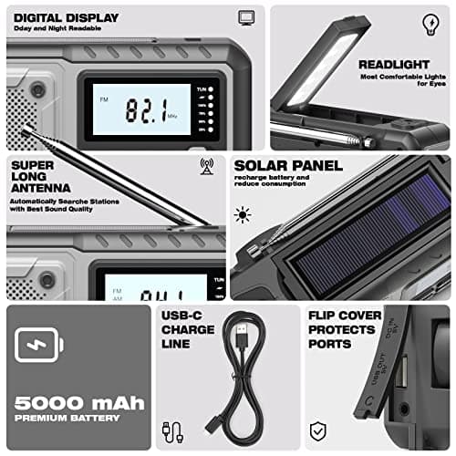 SIYEGK NOAA AM FM Emergency Weather Radio 5000mAh with Solar Hand Crank for Men Dad Husband Cool Gadgets NOAA AM FM Portable Battery Weather Warning Radios with Flashlight Perfect Gift — view 6