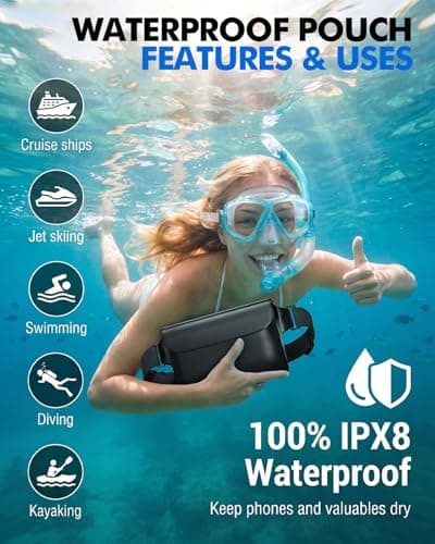 2 Pack IPX8 Waterproof Pouch Bag with Adjustable Strap + Phone Case, Waterproof Waist Bag Pouch Bag & Phone Dry Case for Beach Swimming Boating Camping Hiking, Quick Open Design Fits up to 7.2" Black — view 2